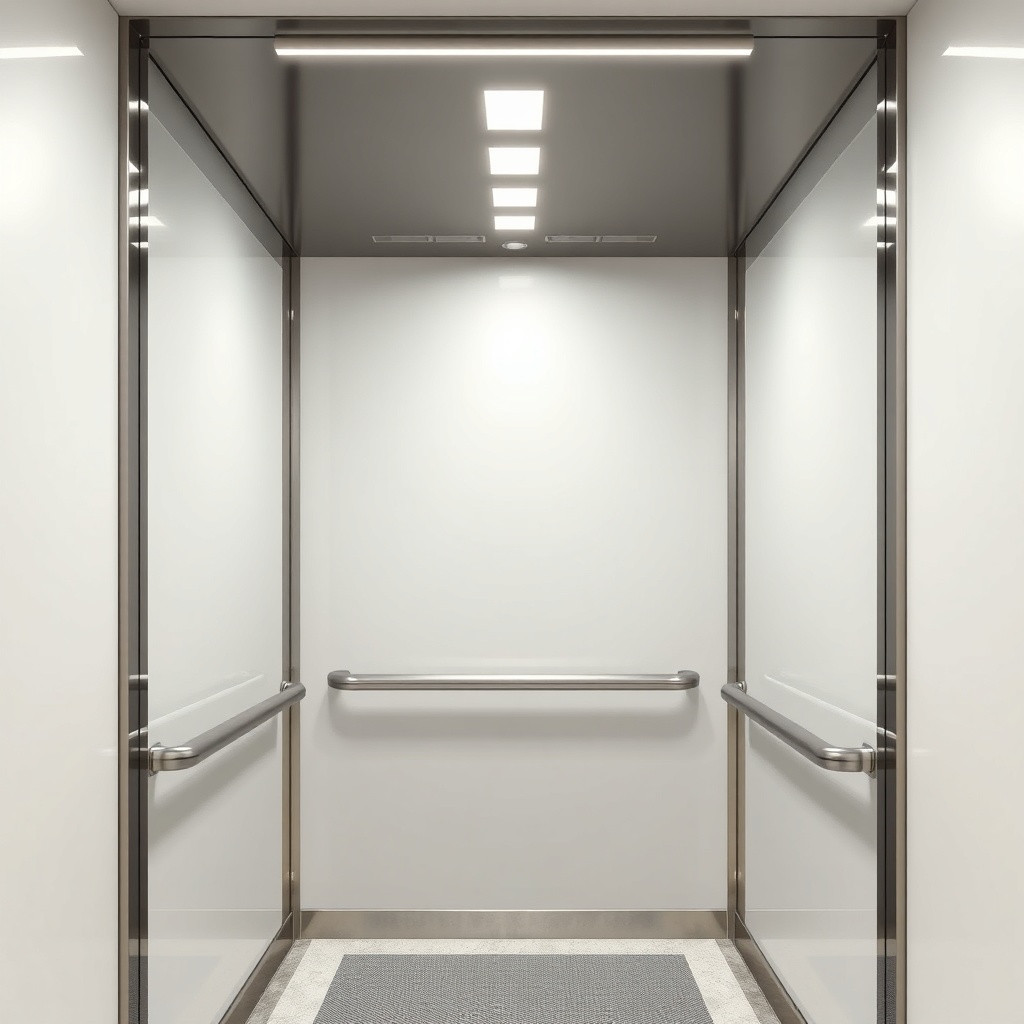 <photorealistic photo of a Kone MonoSpace 500 cabin interior with LED lighting and stainle