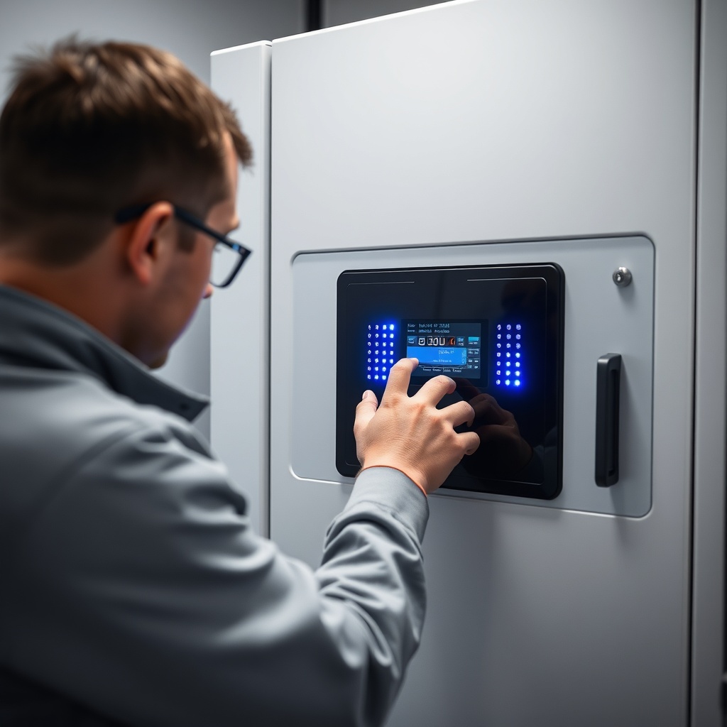 <photorealistic photo of a technician adjusting the Kone MonoSpace 500 machine room-less d