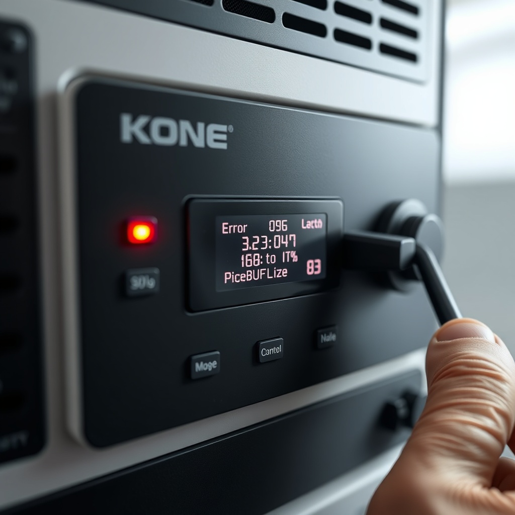 A photorealistic close-up of a Kone MonoSpace 500 control panel with error codes displayed