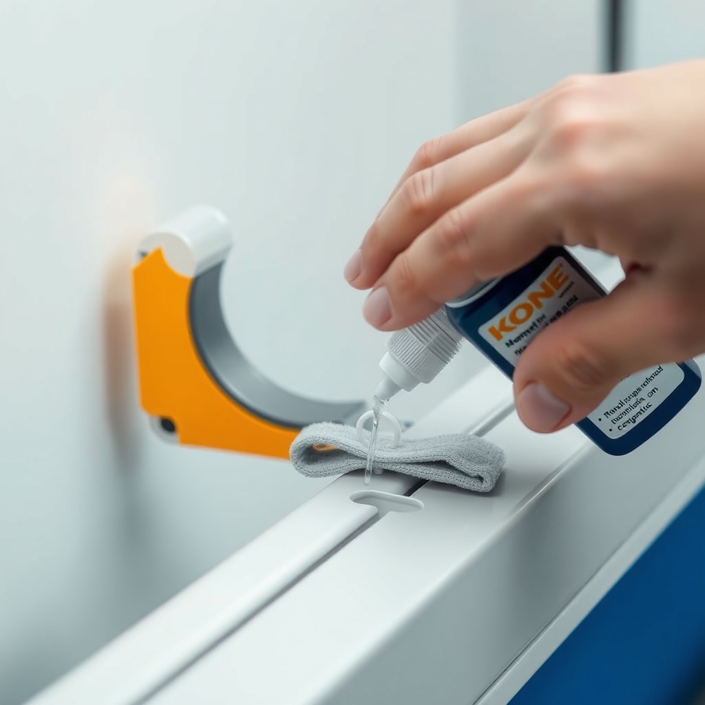 A photorealistic image of a Kone MonoSpace 500 magnetic tape being cleaned with a microfib