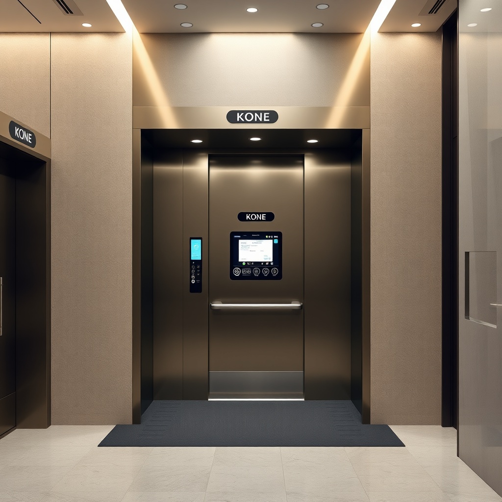 <clean photorealistic photo of Kone MonoSpace 500 machine room-less elevator system with c