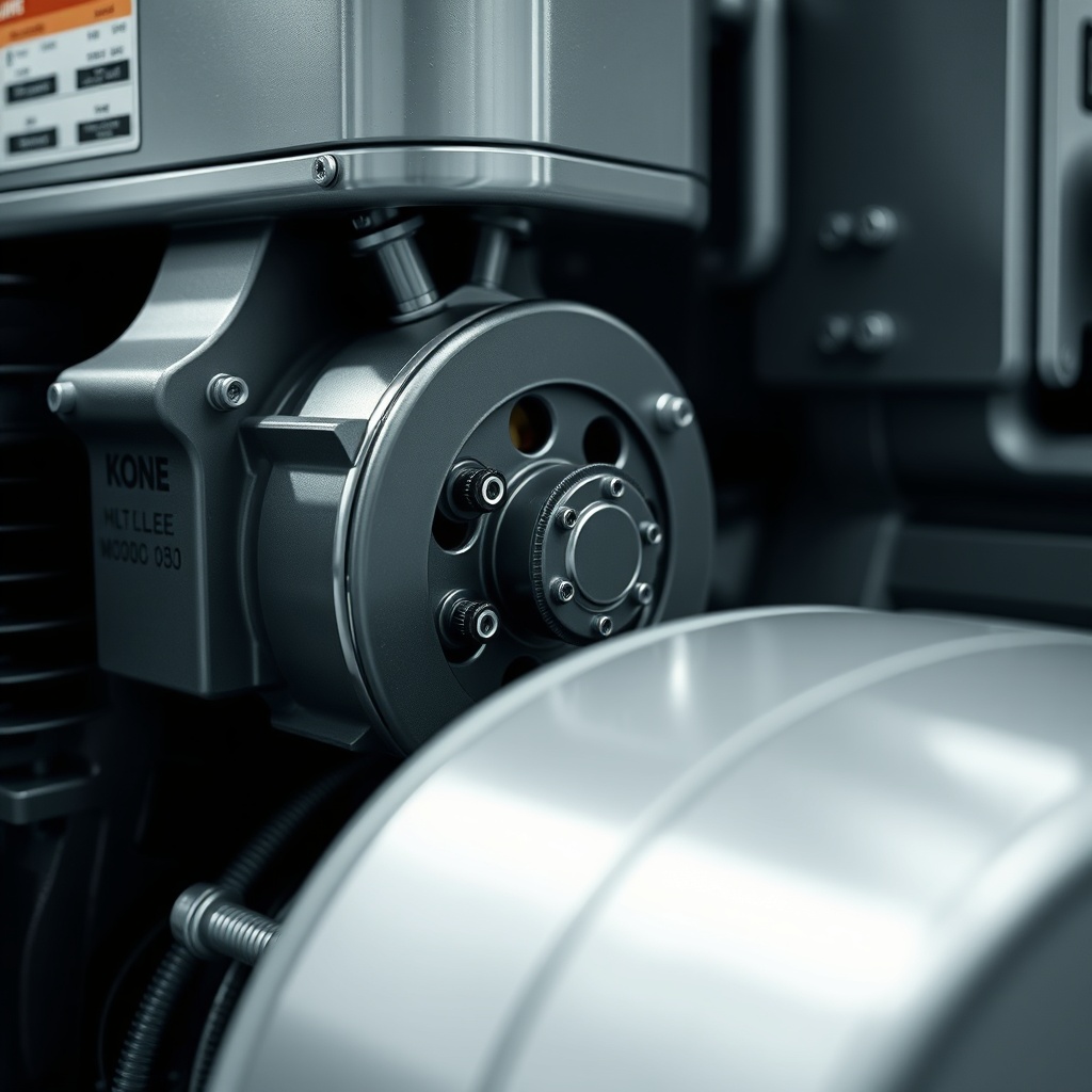 <clean photorealistic photo of Kone MonoSpace 500 motor unit and traction sheave with lubr