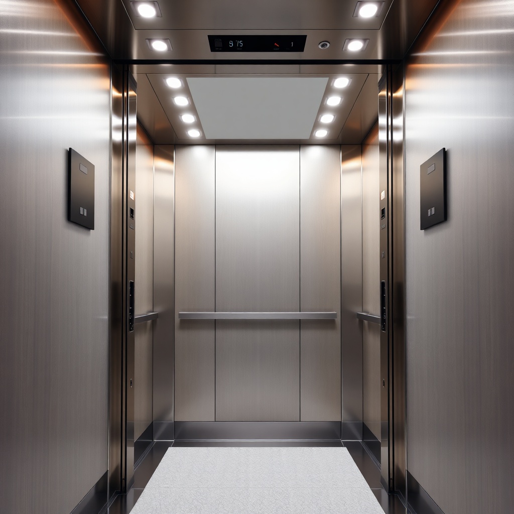 <clean photorealistic photo of a modern elevator cabin interior with sleek metallic finish