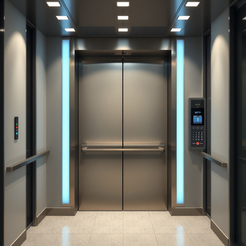 <clean photorealistic photo of a high-tech elevator door with safety sensors and a compact