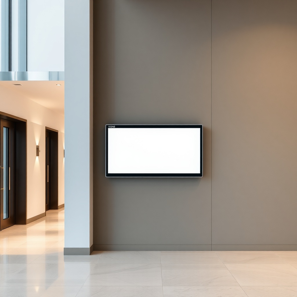 <A modern building lobby with a Kone MonoSpace 500 control panel unit mounted on the wall
