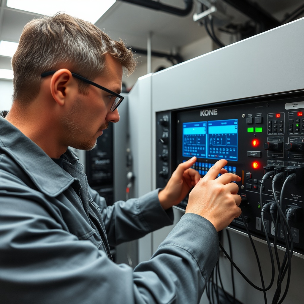 <A technician examining a Kone MonoSpace 500 control panel in a service room