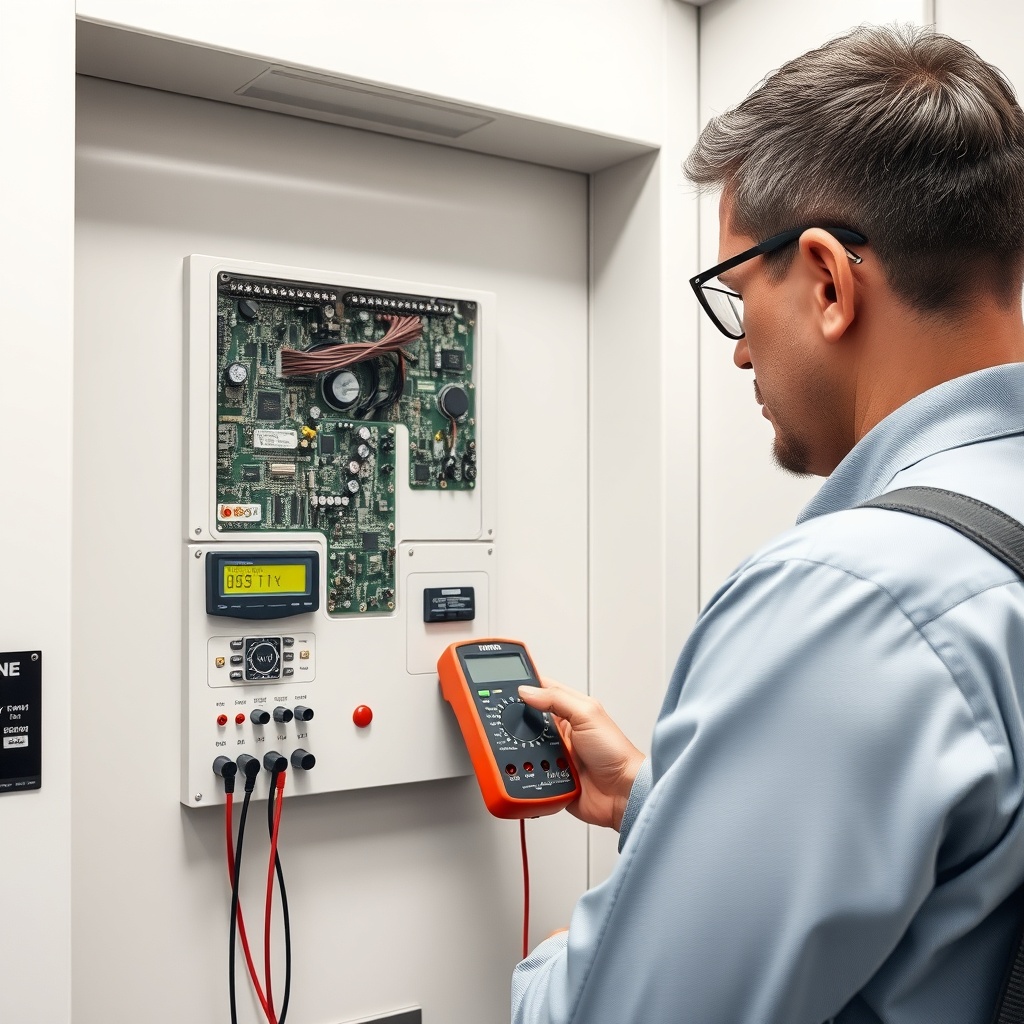 A photorealistic photo of an elevator technician checking the control panel of a Kone Mono