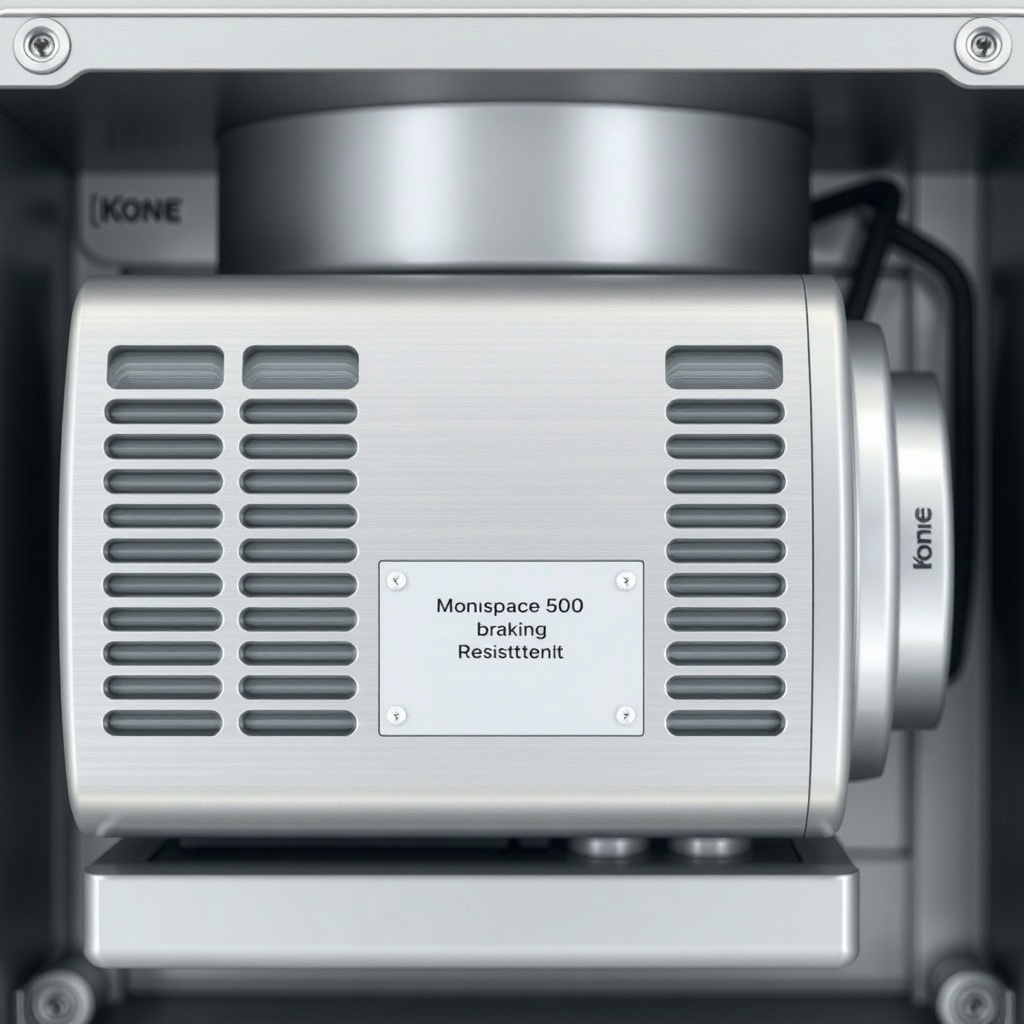 A photorealistic close-up of the Kone MonoSpace 500 motor and braking resistor unit