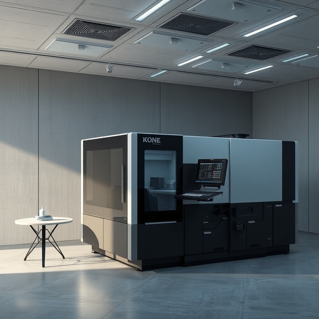 Kone MonoSpace 500 asansörünün modern bir ofis binası girişinde