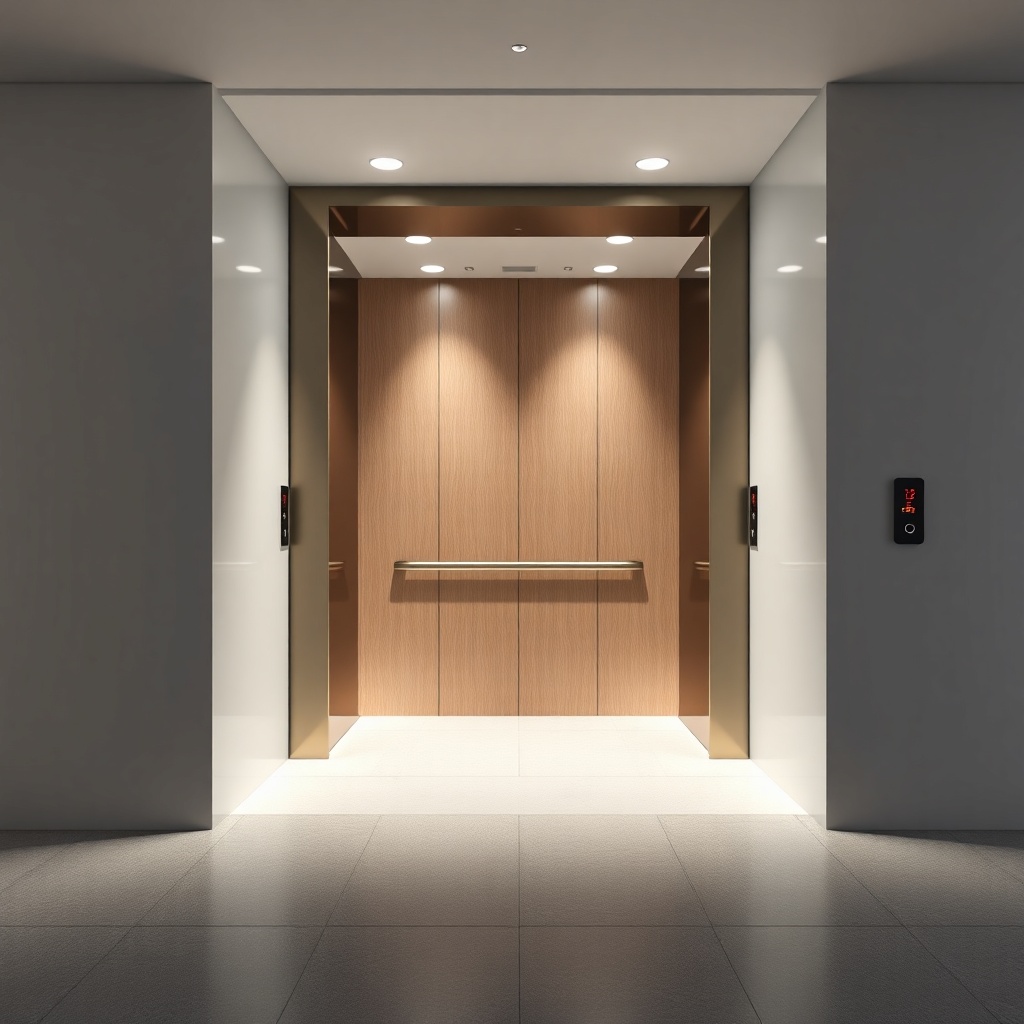 A clean photorealistic photo of a modern lobby with a Kone MonoSpace 500 elevator door ope