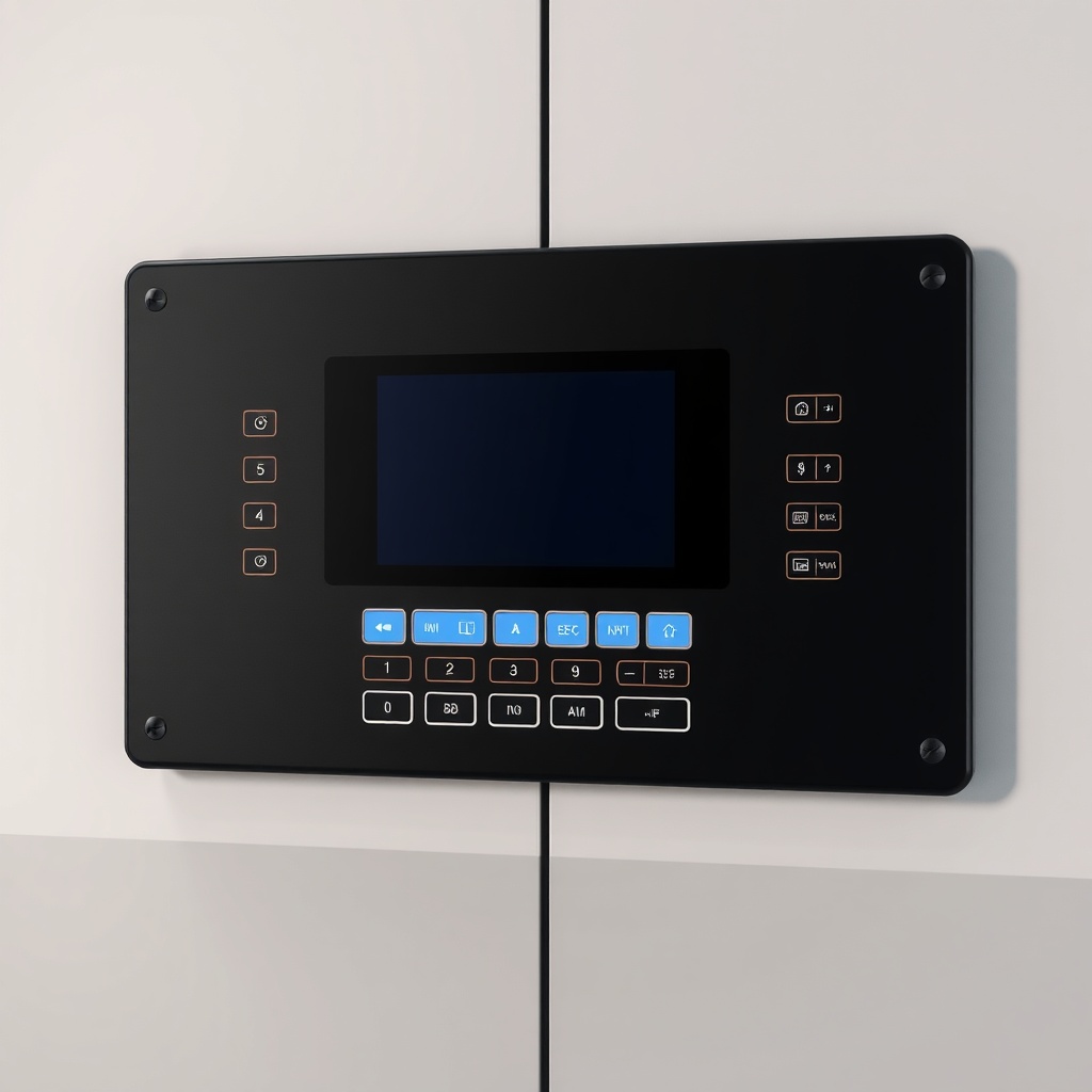 A photorealistic close-up of a Kone MonoSpace 500 control panel with a touch screen displa