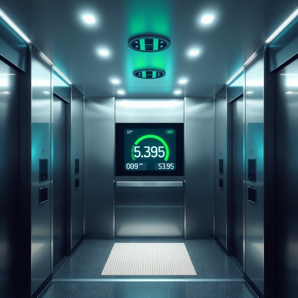 A sleek modern elevator interior with low-energy LED lighting and a regenerative drive sys