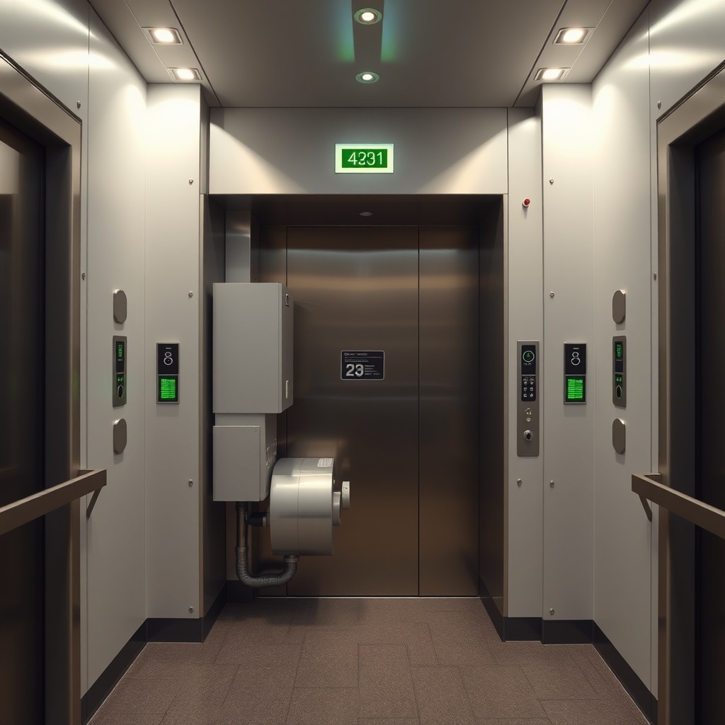A wide-angle view of a Schindler 5500 elevator machine room with regenerative drive unit a