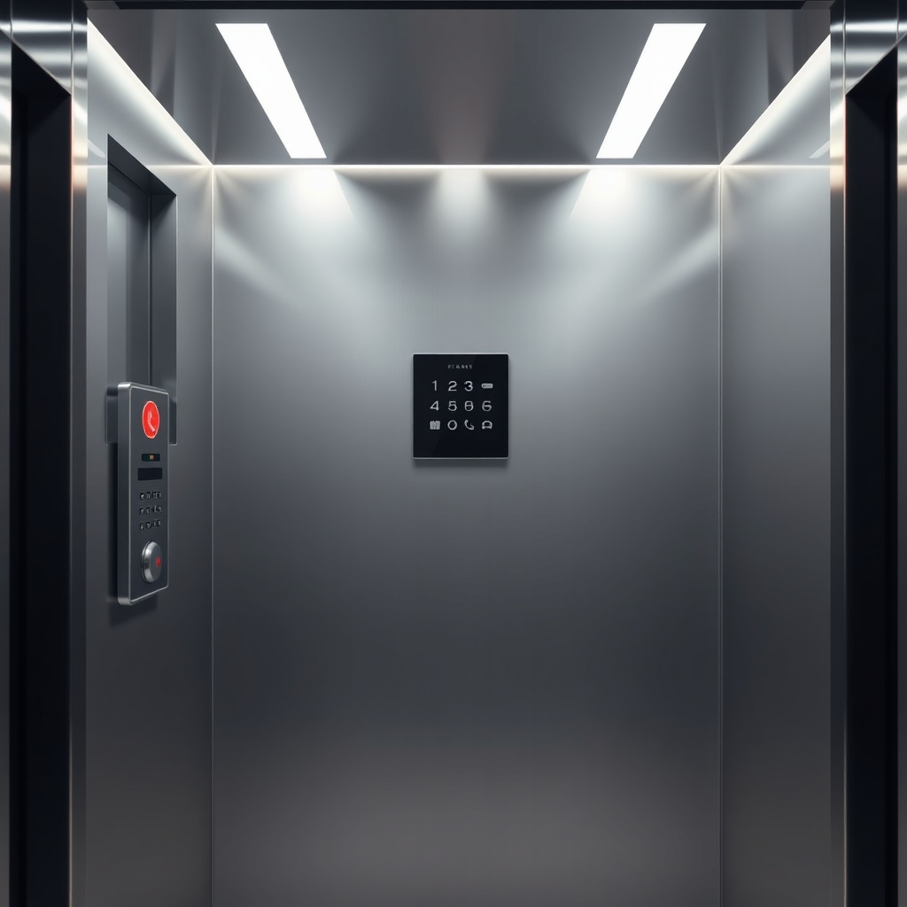 <clean photorealistic photo of a sleek elevator interior with a red emergency call button