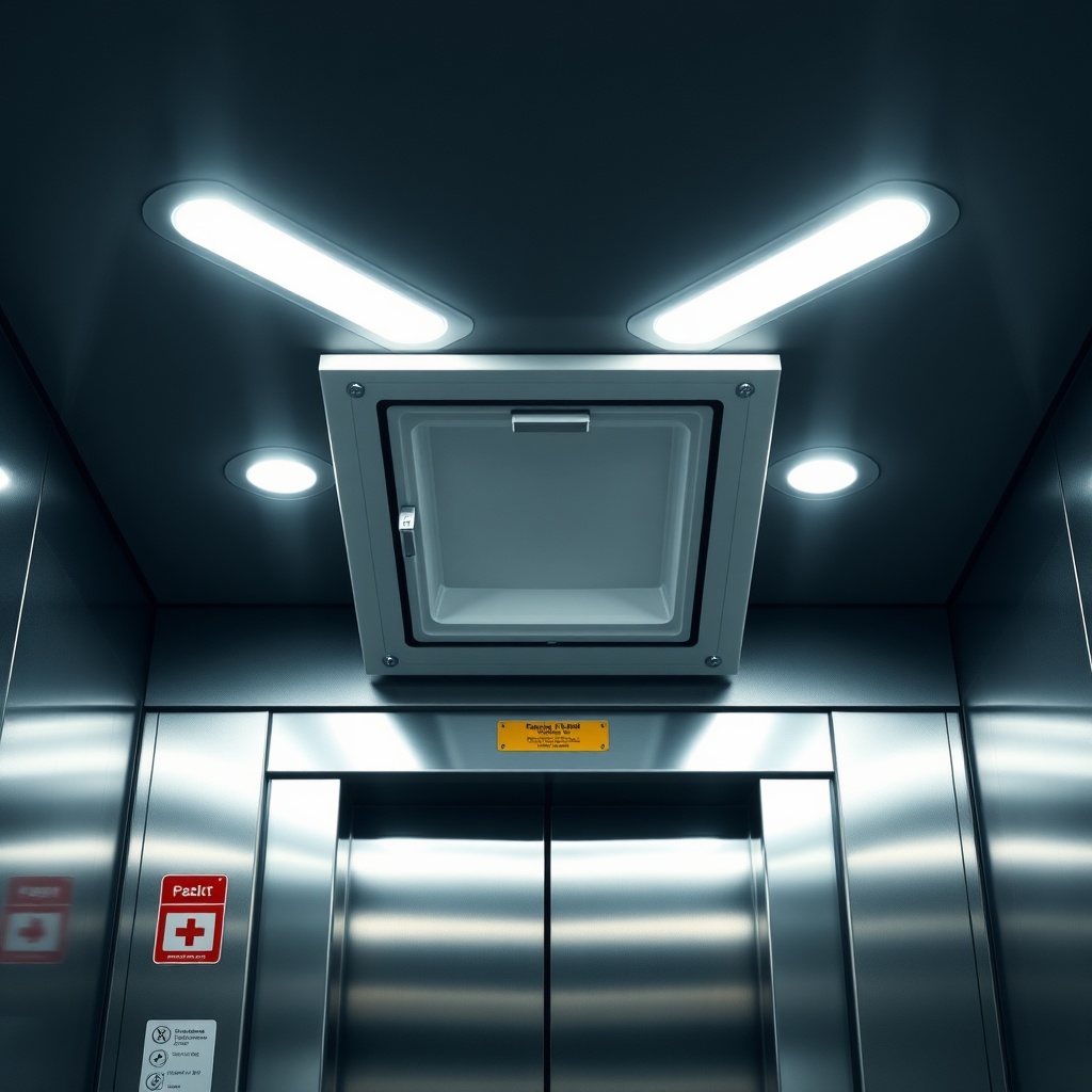 <clean photorealistic photo of an elevator escape hatch or emergency exit mechanism on top