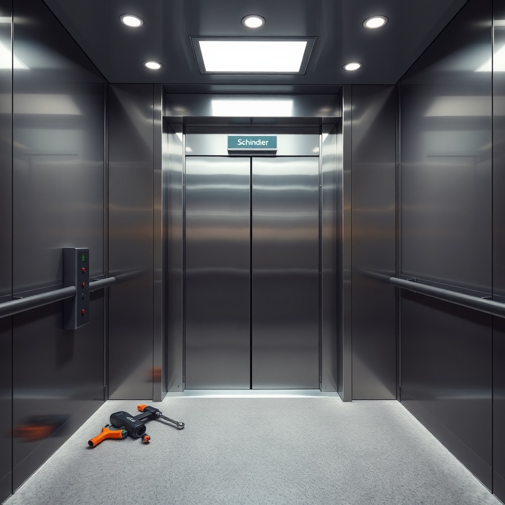 <A photorealistic photo showing a close-up of a Schindler 5500 elevator cabin door system