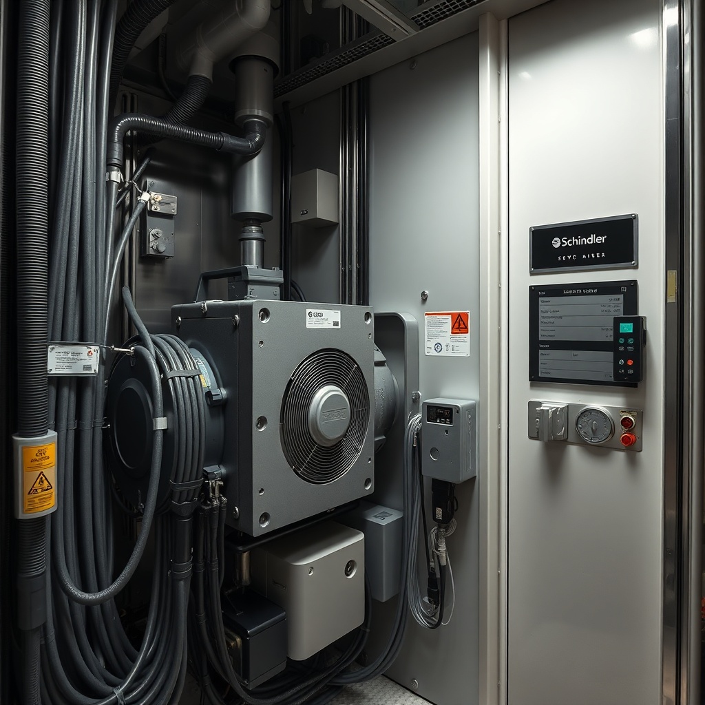 <A photorealistic photo of a Schindler 5500 elevator machine room