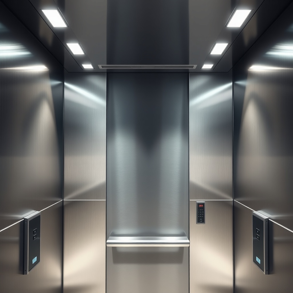 A clean photorealistic photo of a Schindler 5500 elevator car interior with brushed stainl