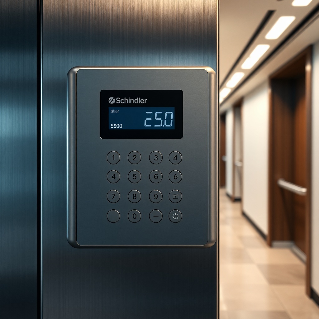 Photorealistic close-up of a Schindler 5500 control panel with a digital display and touch