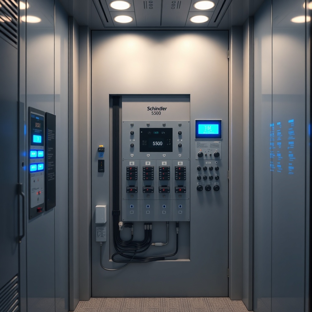 Photorealistic interior shot of an elevator machine room