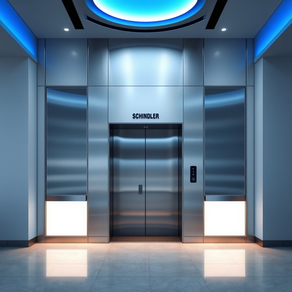 A photorealistic photo of a modern building lobby with a Schindler 5500 elevator car showi