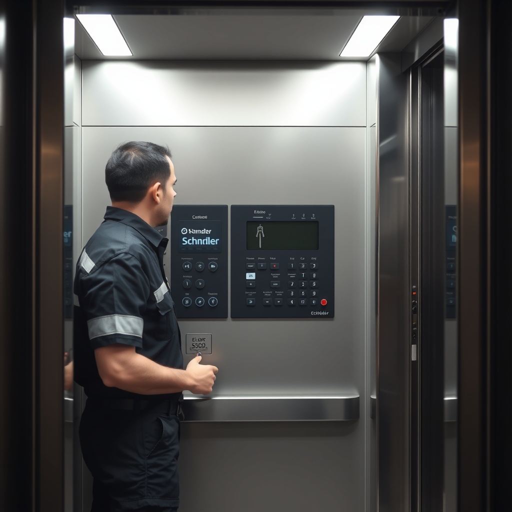 A photorealistic photo of an elevator technician in a uniform working on a Schindler 5500