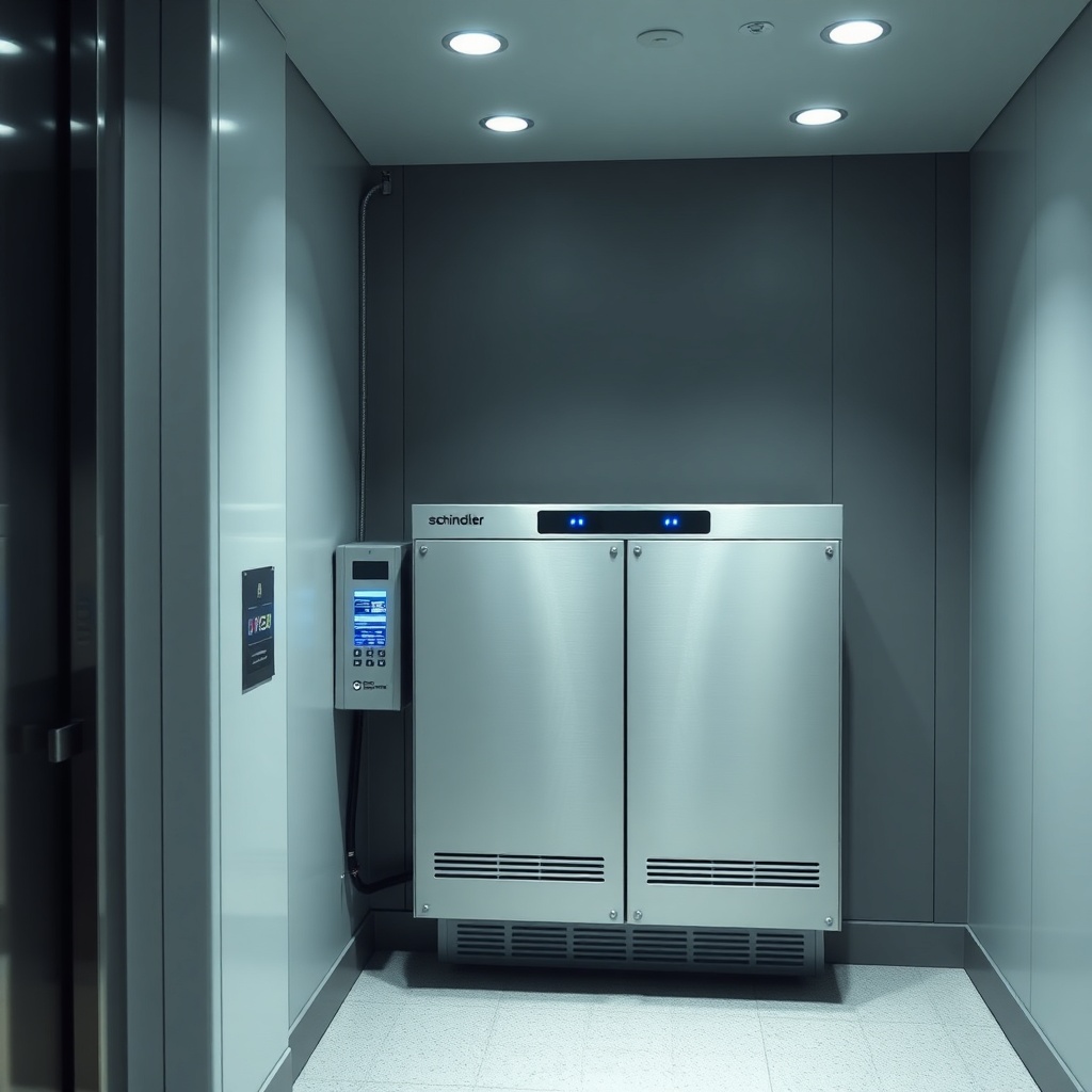A clean photorealistic photo showing a Schindler 5500 elevator machine room with a modern